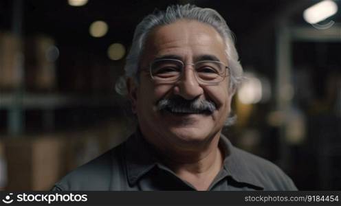 A smiling senior Hispanic male factory worker standing in warehouse. Generative AI AIG19.. A smiling senior Hispanic male factory worker standing in warehouse