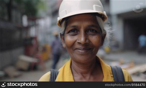 A smiling senior Indian female construction worker standing in construction site. Generative AI AIG19.. A smiling senior Indian female construction worker standing in construction site