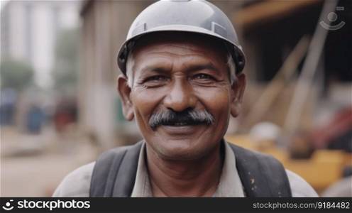 A smiling senior Indian male construction worker standing in construction site. Generative AI AIG19.. A smiling senior Indian male construction worker standing in construction site