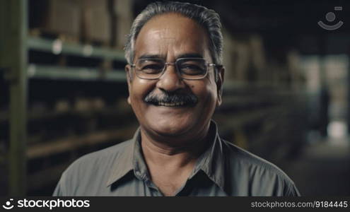 A smiling senior Indian male factory worker standing in warehouse. Generative AI AIG19.. A smiling senior Indian male factory worker standing in warehouse