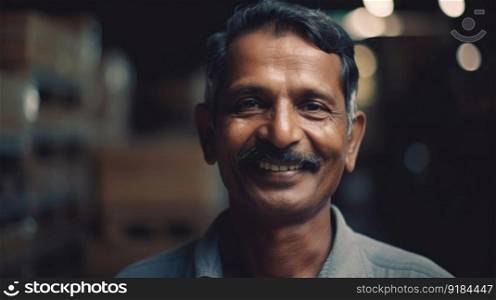 A smiling senior Indian male factory worker standing in warehouse. Generative AI AIG19.. A smiling senior Indian male factory worker standing in warehouse