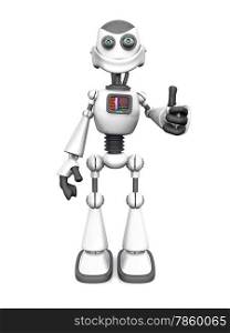 A smiling white cartoon robot doing a thumbs up with his hand. White background.