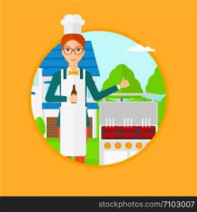 A smiling woman with bottle in hand cooking meat on gas barbecue grill in the backyard and showing thumb up. Vector flat design illustration in the circle isolated on background.. Woman cooking meat on grill.