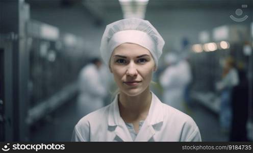 A smiling young Swedish female electronic factory worker standing in factory. Generative AI AIG19.. A smiling young Swedish female electronic factory worker standing in factory