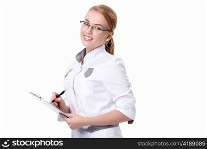 A smiling young woman doctor with a white background