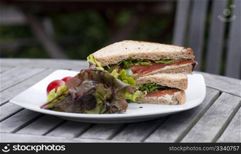 A Smoked Salmon Sandwich On A White Plate, On An Garden Table