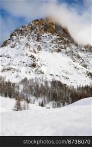 A snow-covered mountain in the area known as the Dolomites, in Northern Italy