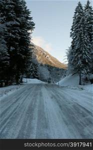 A snow-covered road in the Austrian alps