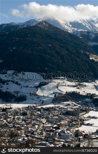 A snow-covered town in the Austrian Alps