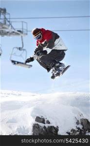 A snowboarder in mid-air