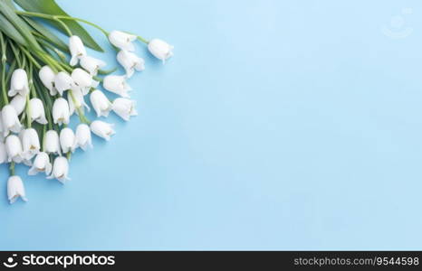 A snowdrop flowers bouquet on a pastel blue background with empty copyspace. Mother&rsquo;s Day concept. Top view. Created with generative AI tools. A snowdrop flowers bouquet on a pastel blue background with empty copyspace. Mother&rsquo;s Day concept. Created by generative AI