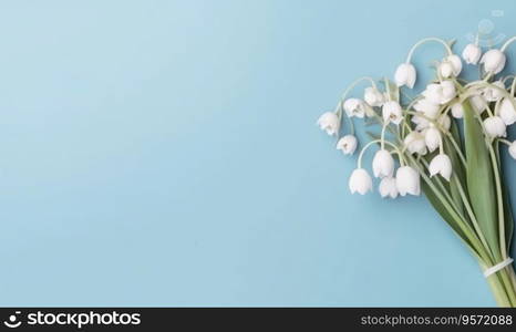 A snowdrop flowers bouquet on a pastel blue background with empty copyspace. Mother&rsquo;s Day concept. Top view. Created with generative AI tools. A snowdrop flowers bouquet on a pastel blue background with empty copyspace. Mother&rsquo;s Day concept. Created by generative AI