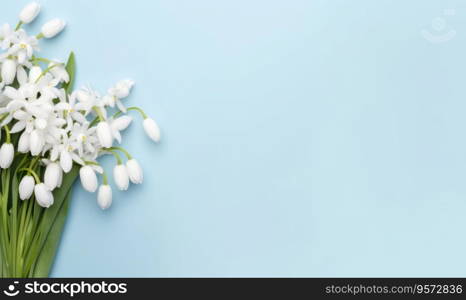 A snowdrop flowers bouquet on a pastel blue background with empty copyspace. Mother’s Day concept. Top view. Created with generative AI tools. A snowdrop flowers bouquet on a pastel blue background with empty copyspace. Mother’s Day concept. Created by generative AI