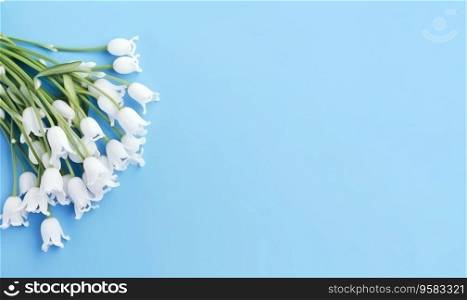 A snowdrop flowers bouquet on a pastel blue background with empty copyspace. Mother&rsquo;s Day concept. Top view. Created with generative AI tools. A snowdrop flowers bouquet on a pastel blue background with empty copyspace. Mother&rsquo;s Day concept. Created by generative AI