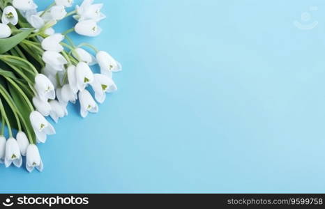 A snowdrop flowers bouquet on a pastel blue background with empty copyspace. Mother&rsquo;s Day concept. Top view. Created with generative AI tools. A snowdrop flowers bouquet on a pastel blue background with empty copyspace. Mother&rsquo;s Day concept. Created by generative AI