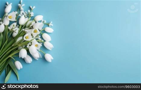 A snowdrop flowers bouquet on a pastel blue background with empty copyspace. Mother’s Day concept. Top view. Created with generative AI tools. A snowdrop flowers bouquet on a pastel blue background with empty copyspace. Mother’s Day concept. Created by generative AI