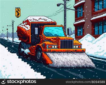 A snowplow clears the streets from snowfall, 8 bit style, clear style, created with generative ai. A snowplow clears the streets from snowfall, 8 bit style, clear style