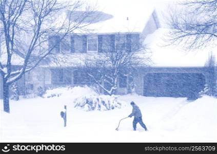 A snowy winter scene of a man shoveling snow
