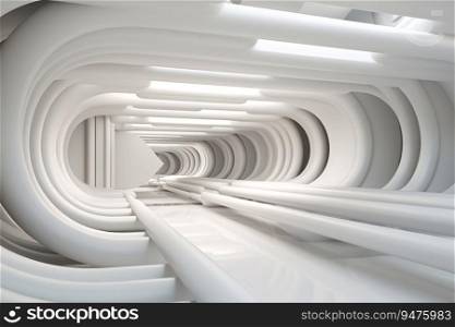 A sophisticated industrial white interior architecture with a minimalist white tunnel corridor. This long exposure abstract architecture is a perfect background. Generative AI