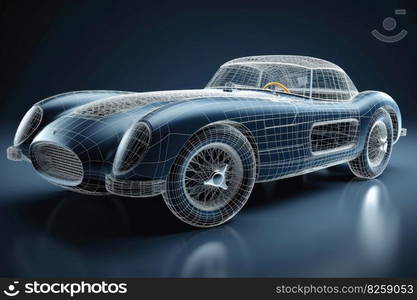 A sports car that transitions into a wireframe model created with generative AI technology