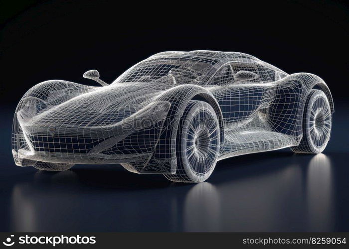 A sports car that transitions into a wireframe model created with generative AI technology