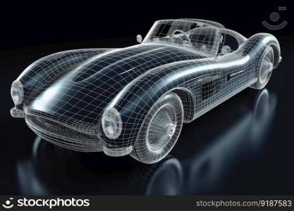 A sports car that transitions into a wireframe model created with generative AI technology