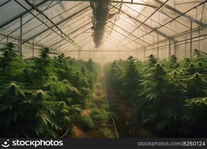 A sprawling cannabis greenhouse, glass panes fogged with humidity. Rows of healthy cannabis plants line winding shelves, heavily laden with colas. Generative AI