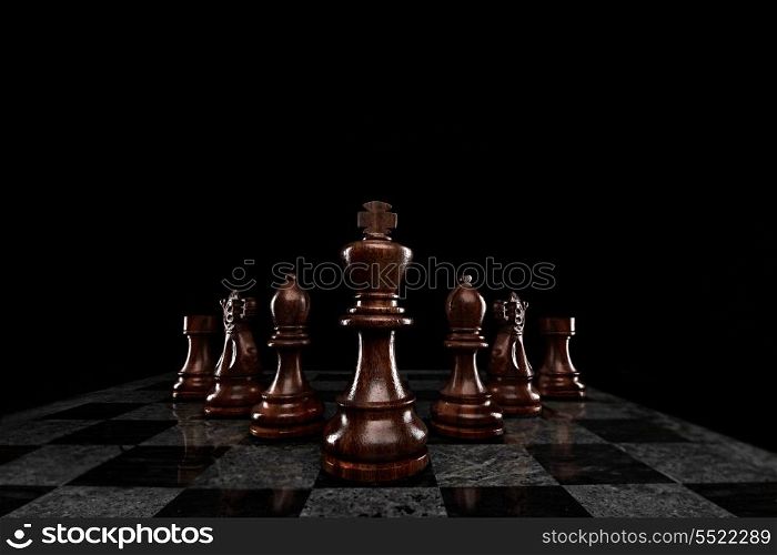 A squad of 7 chess pieces leaded by the king.