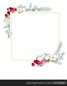 A square frame made up of fir and juniper branches, red berries, cotton bolls. A beautiful background for cards and invitations, gift tags or other design. Hand-drawn watercolor. decorative composition of christmas elements, in a square frame