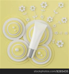 A squeeze tube for applying creams or cosmetics on yellow background