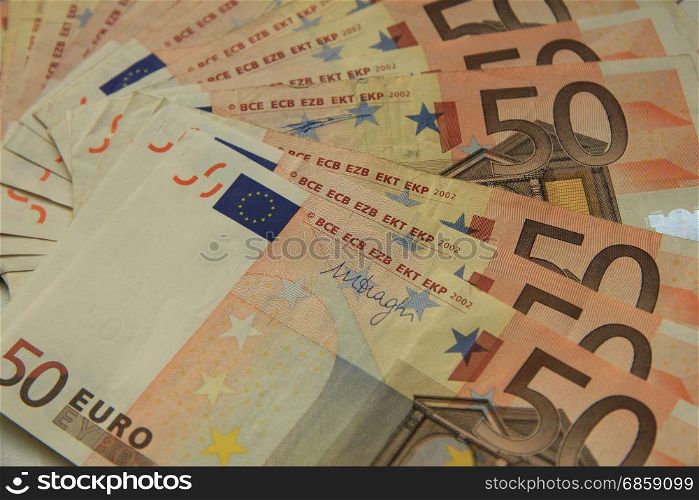 A stack of 50 euro banknotes, european currency