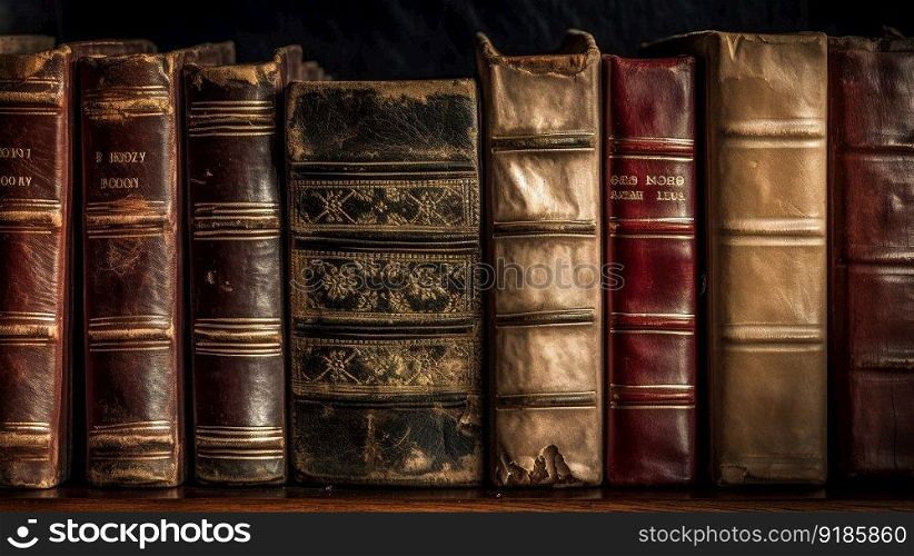 A Stack of Antique Leather Books in a Vintage Library. Generative AI