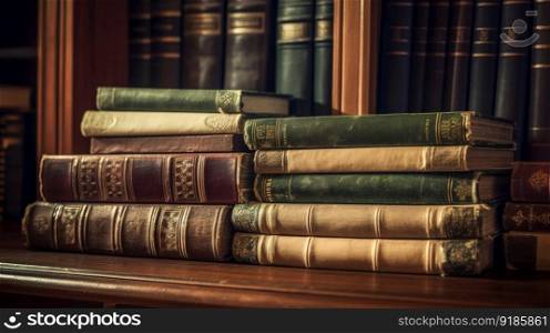 A Stack of Antique Leather Books in a Vintage Library. Generative AI