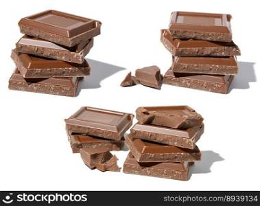 A stack of broken milk chocolate on a white isolated background, square pieces. Set