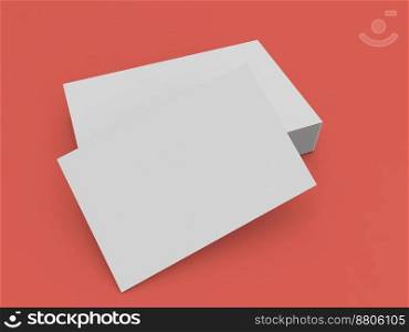 A stack of business cards on a red background. 3d render illustration.
