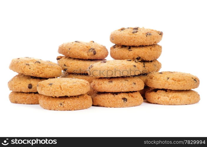 A stack of chocolate chip cookies isolated on a white background.