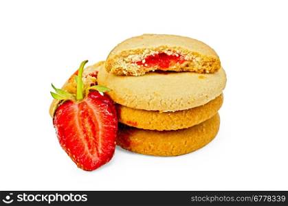A stack of cookies filled with strawberry jam and berries isolated on a white background