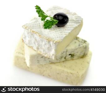 A Stack Of Different Kinds Of Cheese On White Background
