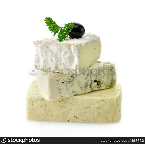 A Stack Of Different Kinds Of Cheese On White Background