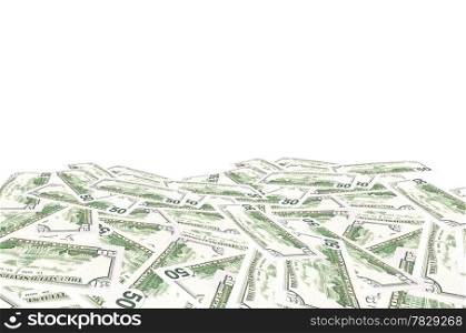 A stack of fifty 50 dollar bills fanned out with the back US Capitol showing on a white background