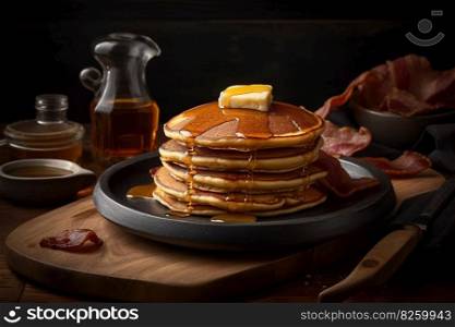 A stack of golden, fluffy pancakes, drizzled with maple syrup and topped with a pat of butter, served on a rustic, wooden plate with crispy bacon. Generative AI.