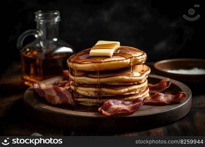 A stack of golden, fluffy pancakes, drizzled with maple syrup and topped with a pat of butter, served on a rustic, wooden plate with crispy bacon. Generative AI.