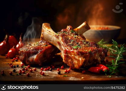 A stack of Lamb Ribs meat with smoke and pepper on the side ready to eat