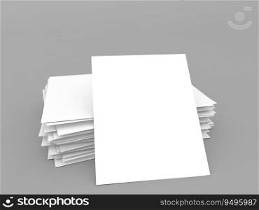 A stack of office paper and an A4 sheet on a grey background. 3d render illustration.. A stack of office paper and an A4 sheet on a grey background. 