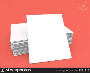 A stack of office paper and an A4 sheet on a red background. 3d render illustration.. A stack of office paper and an A4 sheet on a red background. 