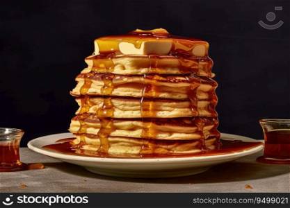 A stack of pancakes with syrup and butter on top Generative AI