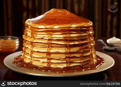 A stack of pancakes with syrup and butter on top Generative AI