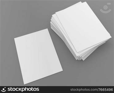 A stack of papers and one A4 sheet on a gray background. 3d render illustration.. A stack of papers and one A4 sheet on a gray background. 