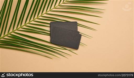 a stack of rectangular black paper business cards and a leaf of a palm tree on a brown background. View from above