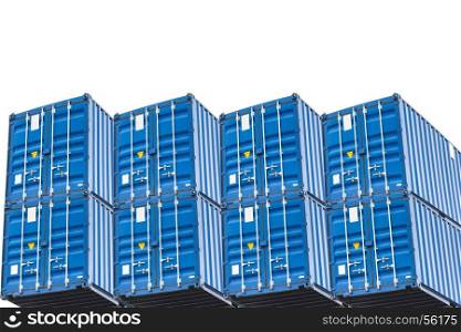 A stack of six blue sea container isolated on white background